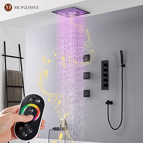 MONDAWE 64-Color Thermostatic Rain Shower System with Body Jets, 16 Inch Flush-Mounted Waterfall Shower Faucet Set with Smart LED Light & Bluetooth Music, Matte Black