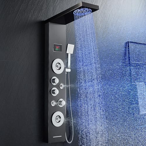 ROVATE LED Shower Panel Tower System with Rainfall and Mist Shower Head, 6-in-1 Shower Tower with Jets and Handheld and Digital Temperature Display, Black Shower Column High Pressure with Tub Spout