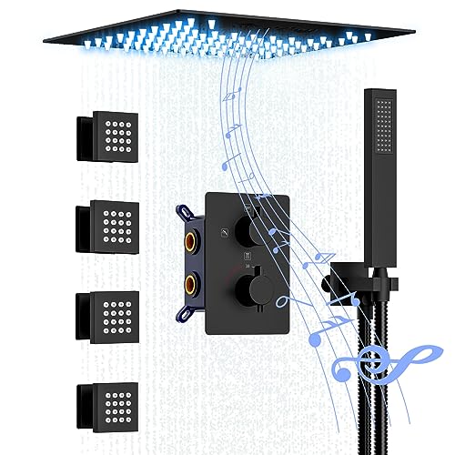 Full Body Shower System with Body Jets Matte Black, Smart Shower System with LED Light & Music, 12" Thermostatic Shower System, Rain Shower System with Bluetooth