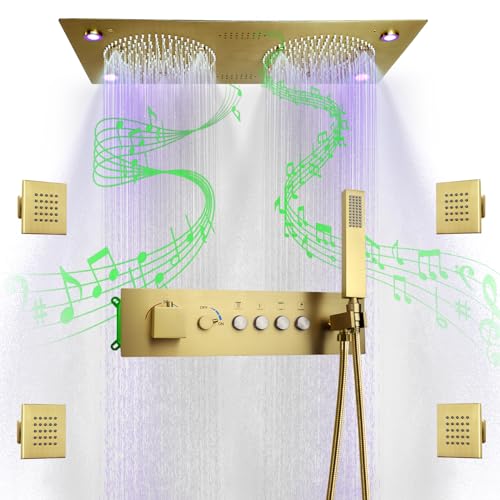 Brushed Gold Thermostatic Rain LED Shower System With Spa Body Jets, 12.5X24.5 Inch Large Horizontal Rectangle Ceiling Shower Head, Double Bath Shower Set Flow Can Be Controlled