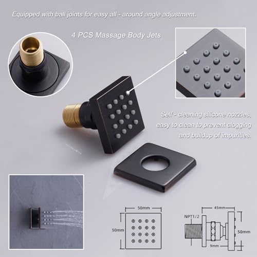 KATAIS Temperature Display Oil Rubbed Bronze Shower Faucet Set LED 12 inch Full Body Rainfall Thermostatic Shower System with 6 PCS Body Jets, Handheld Spray(3 Modes Can Run Together)