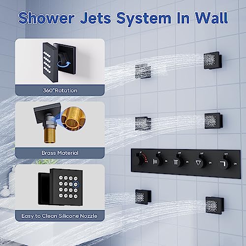 Thermostatic Rain Shower System, BZXYN Luxury Multi Shower Head System with Body Jets, 16" Ceiling Full Body Rainfall Waterfall Shower System with Handheld and Tub Spout, 64 Colors LED Light, Music