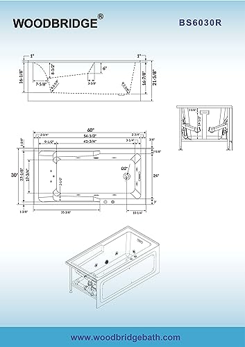 WOODBRIDGE 60" Alcove Acrylic Rectangular Whirlpool Heated Jetted Tub in White with Right Drain, Chrome pop-up Drain Included BS6030R