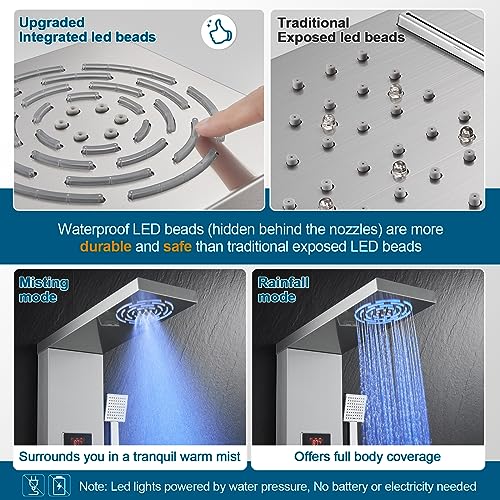 ROVOGO Led Shower Panel Tower System No Battery Needed, Rainfall & Mist Shower Head, Body Jets, Handheld, Tub Spout and Temp Display, Shower Column Stainless Steel Brushed