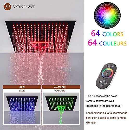 MONDAWE 64-Color Thermostatic Rain Shower System with Body Jets, 16 Inch Flush-Mounted Waterfall Shower Faucet Set with Smart LED Light & Bluetooth Music, Matte Black