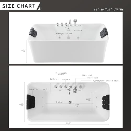 Empava 59" Freestanding Whirlpool Bathtub Rectangular with 8 Hydromassage Adjustable Water Jets Luxury Acrylic Massage SPA Soaking Bath Tub in White Double Ended