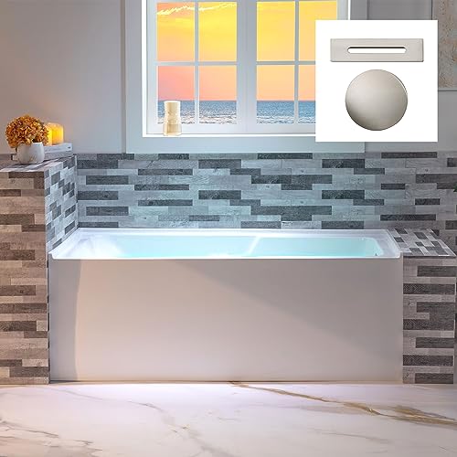 WOODBRIDGE 60" Acrylic Rectangular Alcove Soaking Bathtub in White with Right Drain, Brushed Nickel Pop-Up Drain Included BA6030R