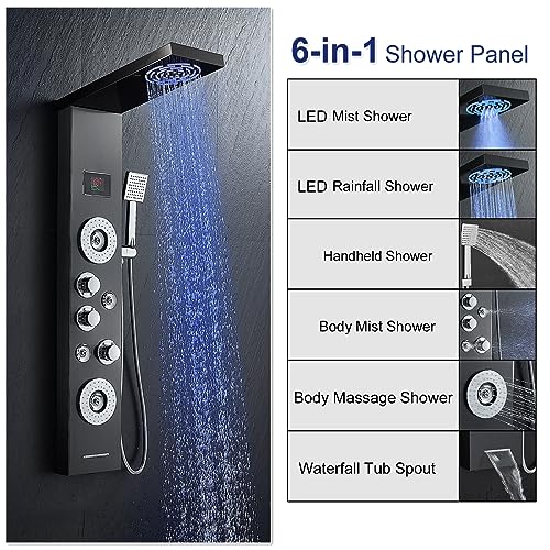 ROVATE LED Shower Panel Tower System with Rainfall and Mist Shower Head, 6-in-1 Shower Tower with Jets and Handheld and Digital Temperature Display, Black Shower Column High Pressure with Tub Spout
