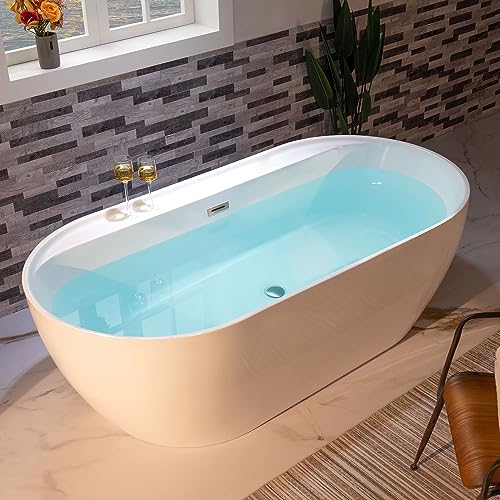 WOODBRIDGE 72" Acrylic Freestanding Bathtub Contemporary Soaking White Tub with Brushed Nickel Overflow and Drain,B0059-BN