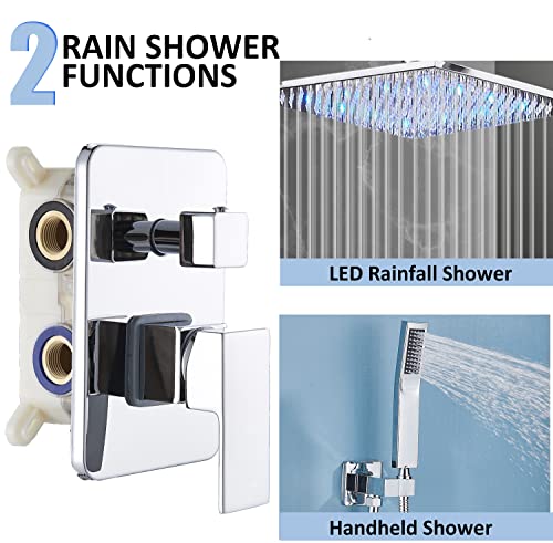Saeuwtowy 12 Inches LED Shower Head with Brass Handheld Shower Head Shower System Luxury Shower Faucets Sets Complete Shower Combo Set Rough-in Valve Body and Trim Kit Included 1