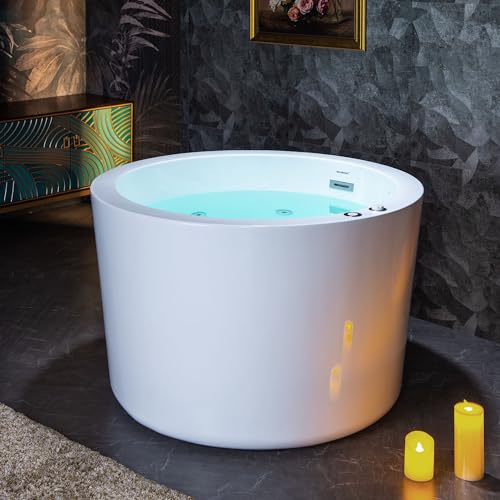 WOODBRIDGE 41" Acrylic Freestanding Round Contemporary Whirlpool Heated Jetted Tub with Pre-molded Seat and Chrome Pop-Up Drain and Overflow, White, BS0260