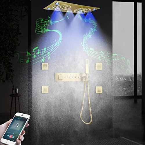 Brushed Gold Thermostatic Rain LED Shower System With Spa Body Jets, 12.5X24.5 Inch Large Horizontal Rectangle Ceiling Shower Head, Double Bath Shower Set Flow Can Be Controlled