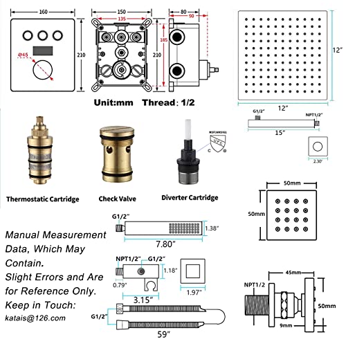 KATAIS Temperature Display Oil Rubbed Bronze Shower Faucet Set LED 12 inch Full Body Rainfall Thermostatic Shower System with 6 PCS Body Jets, Handheld Spray(3 Modes Can Run Together)
