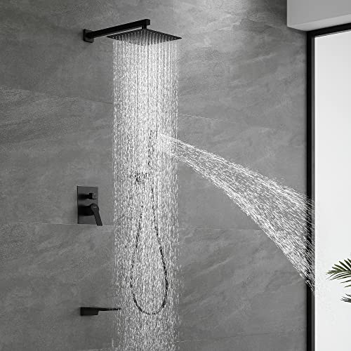 SHAMANDA Shower System with Waterfall Tub Spout and Handheld Shower Head, 10" Rain Shower Faucet Sets Complete with Shower Round-in Valve and Trim Wall Mount, Matte Black, L1010-7