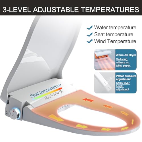 Electric Heated Bidet Toilet Seat, Auto Open & Close Lid, Thermostatic Warm Water Bidet with Dryer, Heated Bidet Seat Elongated, Bubble Wash, Massage, Kids Model, Remote Control, Night Light, White