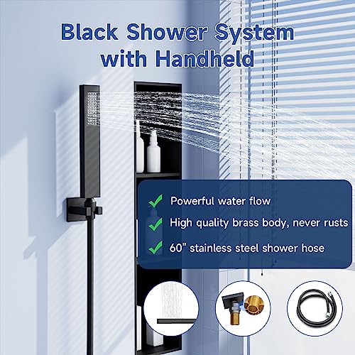Thermostatic Rain Shower System, BZXYN Luxury Multi Shower Head System with Body Jets, 16" Ceiling Full Body Rainfall Waterfall Shower System with Handheld and Tub Spout, 64 Colors LED Light, Music