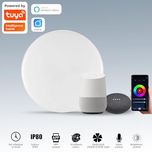 HOREVO LED Smart Ceiling Light, 28W Flush Mount Ceiling Light Compatible with Alexa Google Home, Back RGB Color Changing Ceiling Light, Dimmable Ceiling Light for Bedroom, Kitchen, Living Room