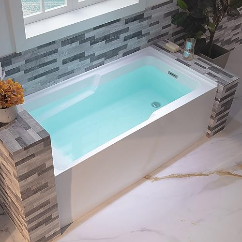 WOODBRIDGE 60" Acrylic Rectangular Alcove Soaking Bathtub in White with Right Drain, Brushed Nickel Pop-Up Drain Included BA6030R