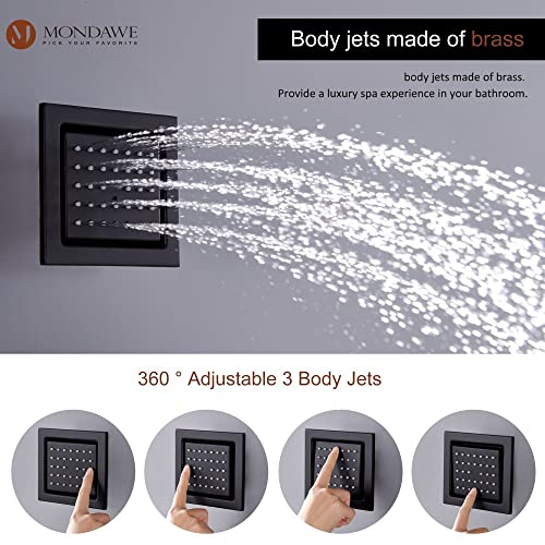 MONDAWE 64-Color Thermostatic Rain Shower System with Body Jets, 16 Inch Flush-Mounted Waterfall Shower Faucet Set with Smart LED Light & Bluetooth Music, Matte Black