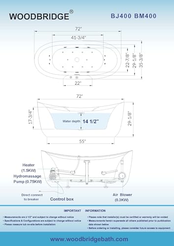WOODBRIDGE 72" x 35-3/8" Whirlpool Water Jetted and Air Bubble Freestanding Heated Soaking Combination Bathtub with LED control panel,Matte Black drain and overflow,BM-400