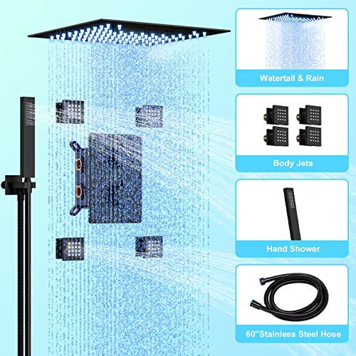 Full Body Shower System with Body Jets Matte Black, Smart Shower System with LED Light & Music, 12" Thermostatic Shower System, Rain Shower System with Bluetooth