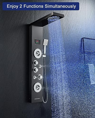 ROVATE LED Shower Panel Tower System with Rainfall and Mist Shower Head, 6-in-1 Shower Tower with Jets and Handheld and Digital Temperature Display, Black Shower Column High Pressure with Tub Spout