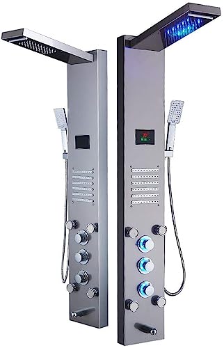 ELLO&ALLO LED Rainfall Waterfall Shower Head Rain Massage System with Body Jets, Stainless Steel Bathroom Shower Panel Tower System, Brushed Nickel