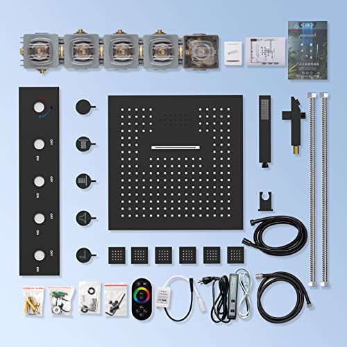 Thermostatic Rain Shower System, BZXYN Luxury Multi Shower Head System with Body Jets, 16" Ceiling Full Body Rainfall Waterfall Shower System with Handheld and Tub Spout, 64 Colors LED Light, Music