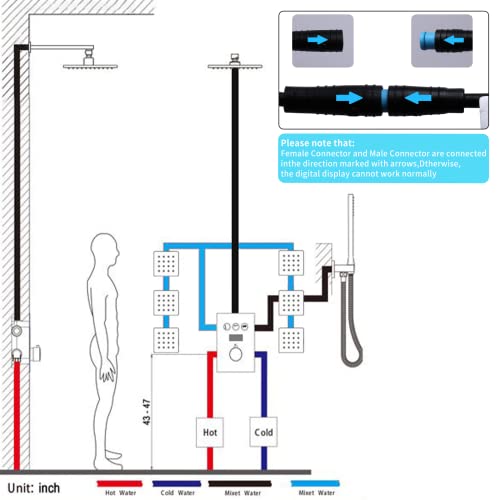 KATAIS Temperature Display Oil Rubbed Bronze Shower Faucet Set LED 12 inch Full Body Rainfall Thermostatic Shower System with 6 PCS Body Jets, Handheld Spray(3 Modes Can Run Together)