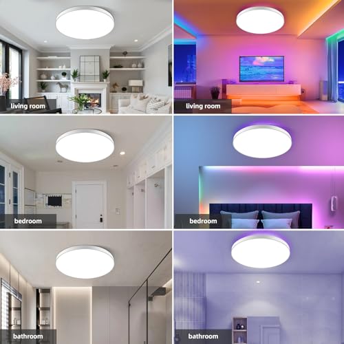 HOREVO LED Smart Ceiling Light, 28W Flush Mount Ceiling Light Compatible with Alexa Google Home, Back RGB Color Changing Ceiling Light, Dimmable Ceiling Light for Bedroom, Kitchen, Living Room