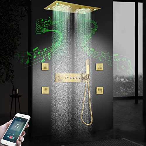 Brushed Gold Thermostatic Rain LED Shower System With Spa Body Jets, 12.5X24.5 Inch Large Horizontal Rectangle Ceiling Shower Head, Double Bath Shower Set Flow Can Be Controlled