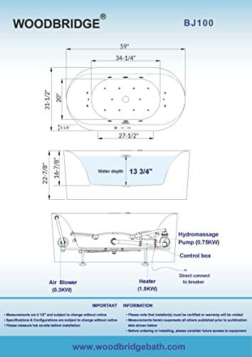 WOODBRIDGE 59" x 31-1/2" Whirlpool Water Jetted and Air Bubble Freestanding Heated Soaking Combination Bathtub with LED control panel,BJ-100