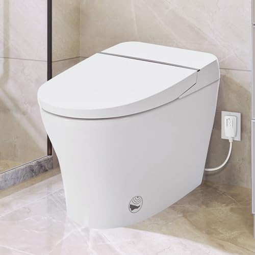 Heated Seat Smart Toilet without Bidet, Upmarket Compact Dual Flush Toilet 1/1.28 GPF, Tank Less Toilet with Adjustable Temp, Foot Sensor Flush, White Night Light, Knob Control, Power Out
