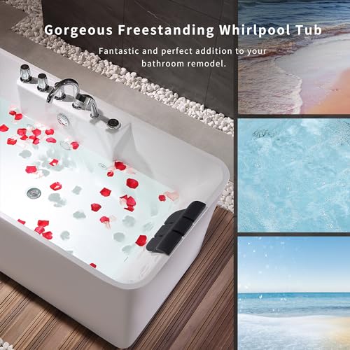Empava 59" Freestanding Whirlpool Bathtub Rectangular with 8 Hydromassage Adjustable Water Jets Luxury Acrylic Massage SPA Soaking Bath Tub in White Double Ended