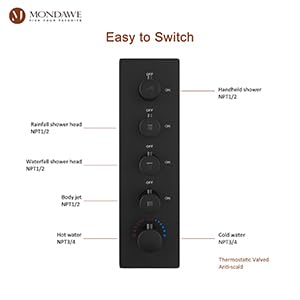 MONDAWE 64-Color Thermostatic Rain Shower System with Body Jets, 16 Inch Flush-Mounted Waterfall Shower Faucet Set with Smart LED Light & Bluetooth Music, Matte Black