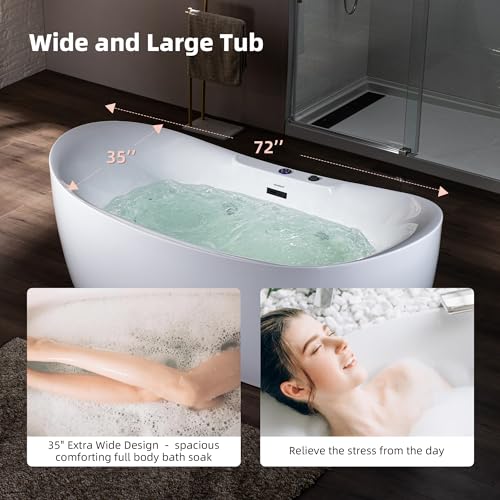 WOODBRIDGE 72" x 35-3/8" Whirlpool Water Jetted and Air Bubble Freestanding Heated Soaking Combination Bathtub with LED control panel,Matte Black drain and overflow,BM-400