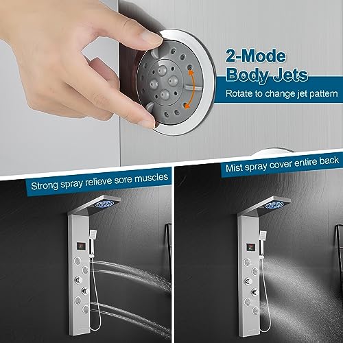 ROVOGO Led Shower Panel Tower System No Battery Needed, Rainfall & Mist Shower Head, Body Jets, Handheld, Tub Spout and Temp Display, Shower Column Stainless Steel Brushed