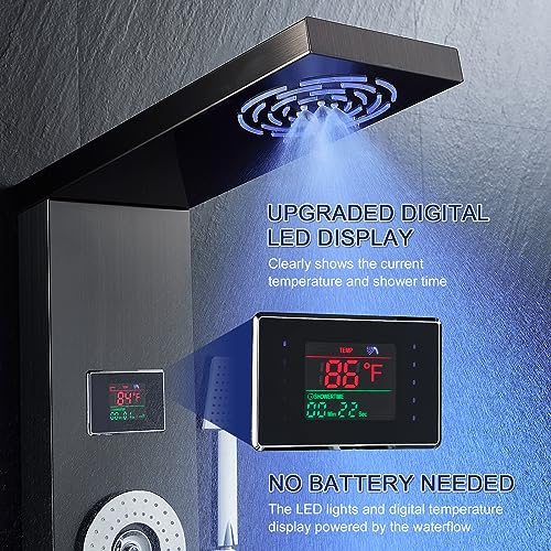ROVATE LED Shower Panel Tower System with Rainfall and Mist Shower Head, 6-in-1 Shower Tower with Jets and Handheld and Digital Temperature Display, Black Shower Column High Pressure with Tub Spout