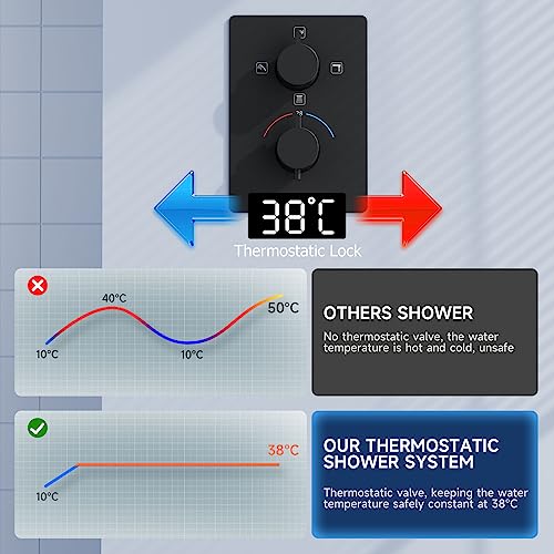 Full Body Shower System with Body Jets Matte Black, Smart Shower System with LED Light & Music, 12" Thermostatic Shower System, Rain Shower System with Bluetooth
