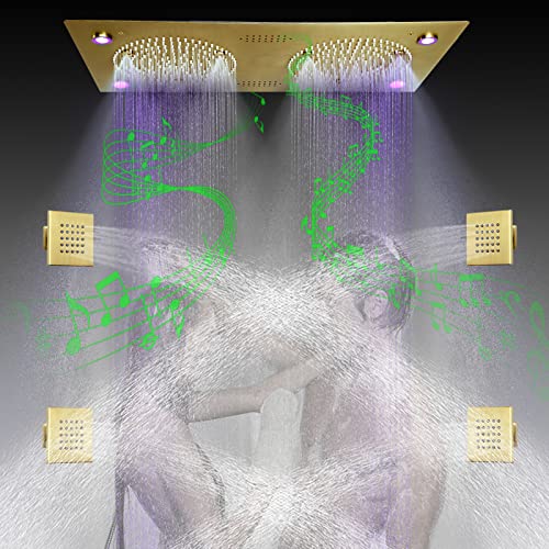 Brushed Gold Thermostatic Rain LED Shower System With Spa Body Jets, 12.5X24.5 Inch Large Horizontal Rectangle Ceiling Shower Head, Double Bath Shower Set Flow Can Be Controlled