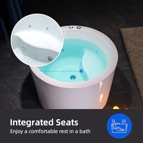 WOODBRIDGE 41" Acrylic Freestanding Round Contemporary Whirlpool Heated Jetted Tub with Pre-molded Seat and Chrome Pop-Up Drain and Overflow, White, BS0260