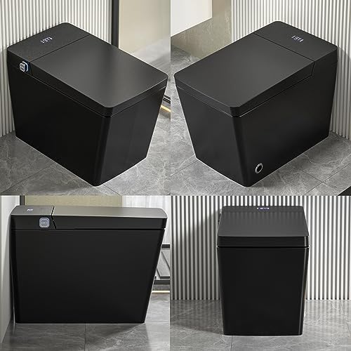 Black Modern Smart Toilet with Auto Open&Close Lid, One Piece Square Intelligent Tankless Toilet with Heated Bidet Seat, Warm Water, Warm Air Drying, Bidet Combo, HD Display and Remote control.