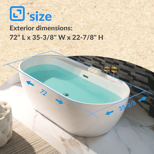 WOODBRIDGE 72" Acrylic Freestanding Bathtub Contemporary Soaking White Tub with Brushed Nickel Overflow and Drain,B0059-BN