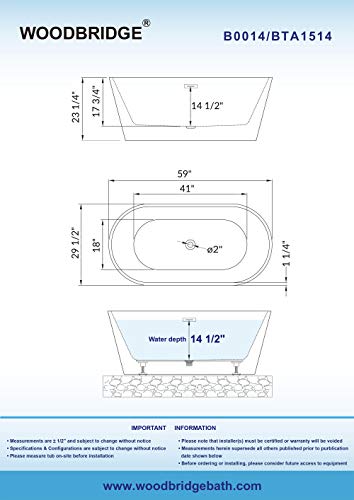 WOODBRIDGE 59" Acrylic Freestanding Bathtub Contemporary Soaking Tub with Brushed Nickel Overflow and Drain B0014B,White