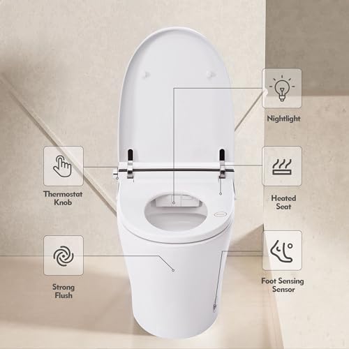 Heated Seat Smart Toilet without Bidet, Upmarket Compact Dual Flush Toilet 1/1.28 GPF, Tank Less Toilet with Adjustable Temp, Foot Sensor Flush, White Night Light, Knob Control, Power Out
