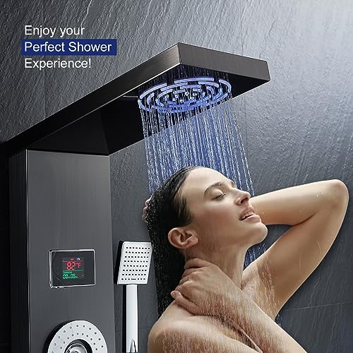 ROVATE LED Shower Panel Tower System with Rainfall and Mist Shower Head, 6-in-1 Shower Tower with Jets and Handheld and Digital Temperature Display, Black Shower Column High Pressure with Tub Spout