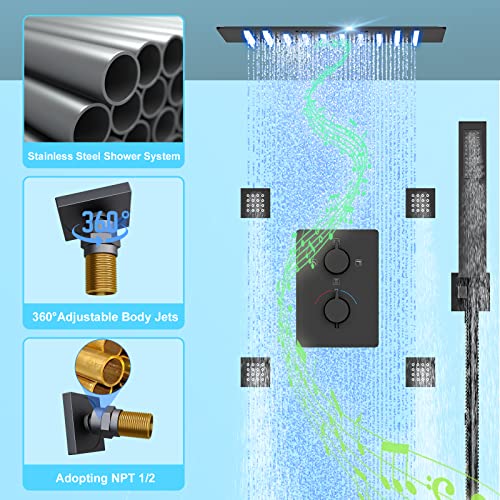 Full Body Shower System with Body Jets Matte Black, Smart Shower System with LED Light & Music, 12" Thermostatic Shower System, Rain Shower System with Bluetooth