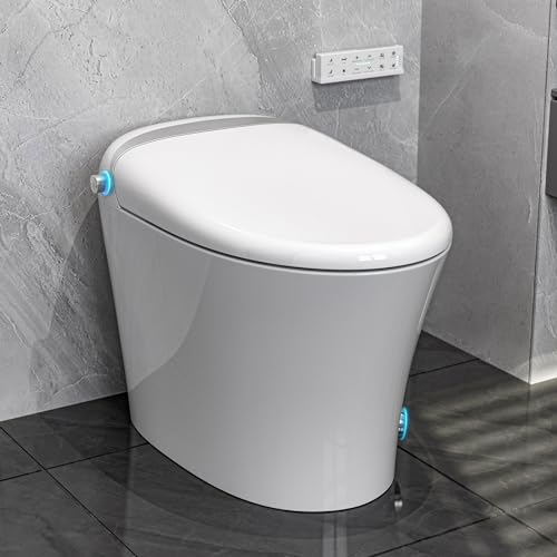 IKIFLY Smart Toilet with Bidet Built in, One Piece Tankless Toilet with Adjustable Heated Seat, Auto Flush, Warm Water Sprayer and Dryer, Foot Sensor Operation, Remote Control, Night Light, Elongated