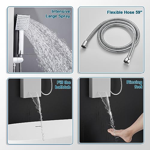 ROVOGO Led Shower Panel Tower System No Battery Needed, Rainfall & Mist Shower Head, Body Jets, Handheld, Tub Spout and Temp Display, Shower Column Stainless Steel Brushed