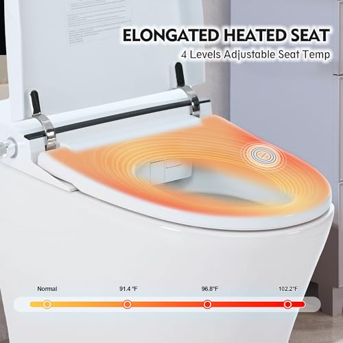 Heated Seat Smart Toilet without Bidet, Upmarket Compact Dual Flush Toilet 1/1.28 GPF, Tank Less Toilet with Adjustable Temp, Foot Sensor Flush, White Night Light, Knob Control, Power Out